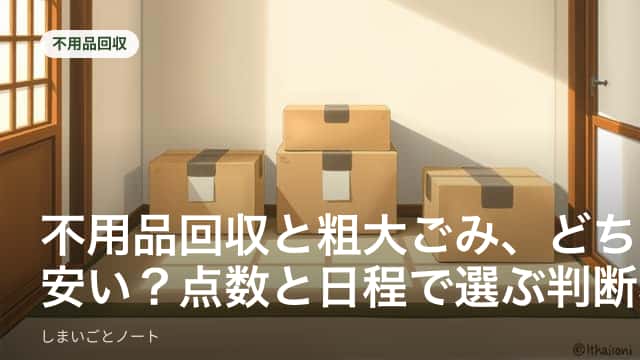 自治体の粗大ごみ収集シールと民間の不用品回収トラックを並べて比較するイメージ