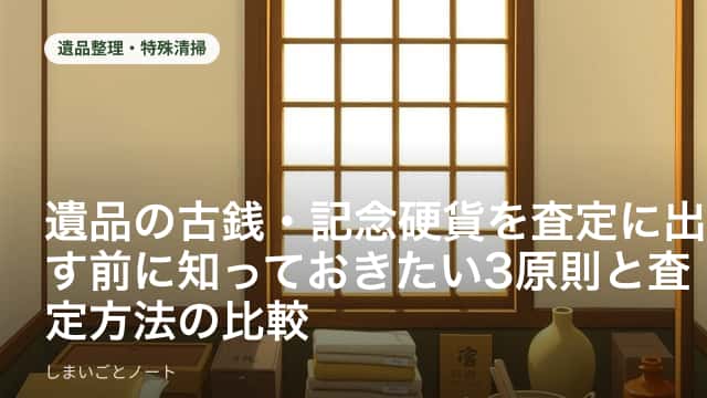 古い缶に入った穴銭や記念硬貨、旧紙幣が並んでいる様子