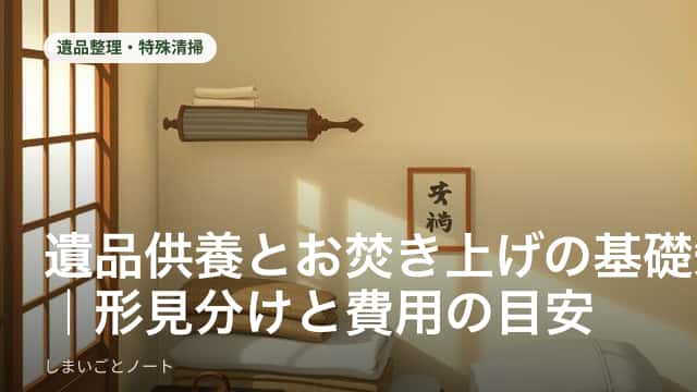 遺品を前にして手を合わせ、静かに整理を進める家族のイメージ